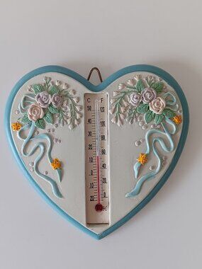 Vintage Heart Shaped Thermometer Decor Floral Ribbons 4.5" x 5" White Blue